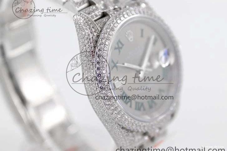 0224 Refined Datejust 41 SS Full Diamonds TWF 1:1 Best Edition Gray Roman Markers Dial on Jubilee Bracelet A 2389